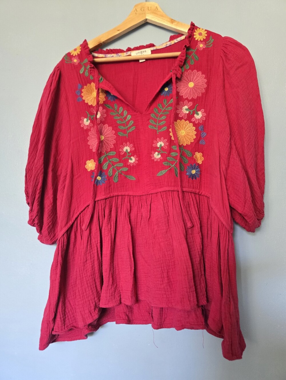 Umgee Cotton Gauze Floral Embroidery BabyDoll Top L - Picture 4 of 8